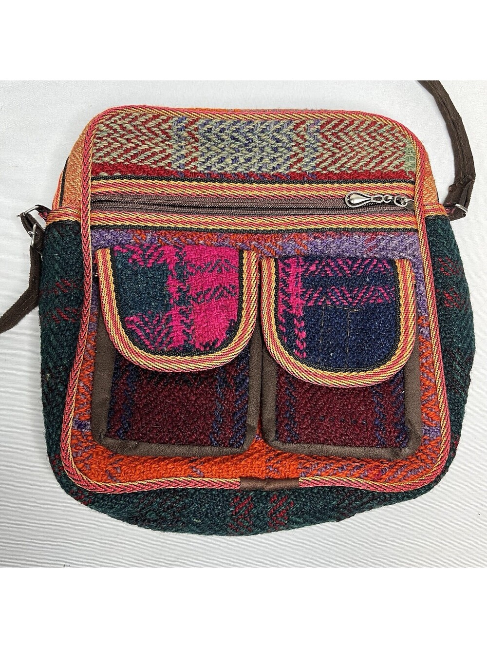 Wool Crossbody Bag Southwestern Artsy Boho Hand Purse Handbag Long Strap W/Flaw